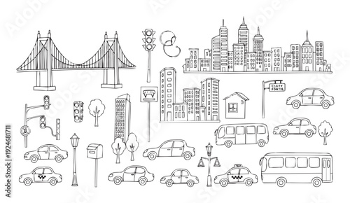 Hand drawn collection of city and urban landscape elements including buildings, cars, bridges, and traffic lights, perfect for architectural projects and educational material resources
