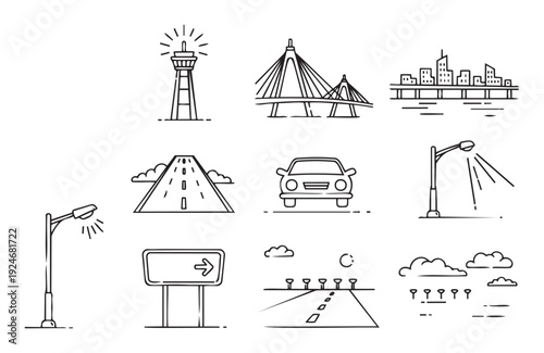 A versatile collection of line icons depicting various elements of urban infrastructure, travel, and navigation including a city, bridge, road, car, and streetlights for map or app graphics.