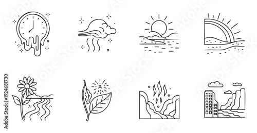 Collection of linear icons representing natural elements like sun, rainbow, wind, flowers, and environmental concepts such as melting time and urban development for various graphic projects