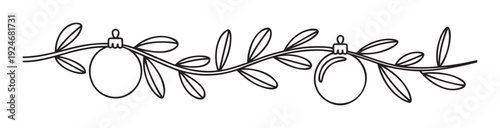 Elegant outline drawing of a festive winter branch adorned with decorative hanging Christmas ornaments, ideal for holiday greetings, seasonal invitations, celebration stationery, and event