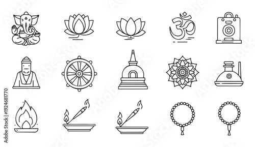 Collection of spiritual and religious line icons representing Asian devotion and meditation symbols perfect for cultural apps, mindful websites, or educational resources.
