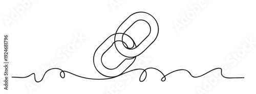Simple monochrome continuous line drawing of two interconnected chain links, perfect for illustrating secure connections, strong partnerships, network integrity, and collaborative business