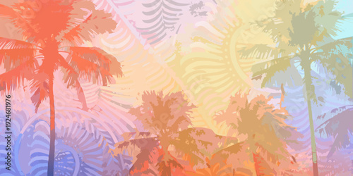 Vibrant palm trees silhouetted against a colorful tropical sunset sky