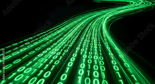 Glowing green binary code stream flowing like a digital highway, abstract matrix data background, high speed internet concept.
