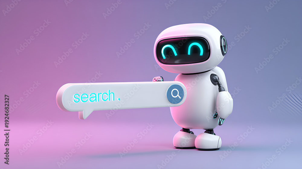 Fototapeta premium AI Robot With Search Engine Bar and Speech Bubble Concept