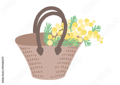 カゴバッグに入ったミモザのイラスト