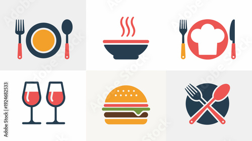 Flat set of food and dining with utensils wine and dishes