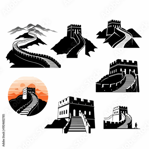 Great Wall of China silhouette set vector illustration