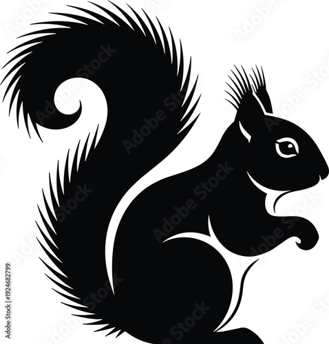 Black squirrel silhouette vector illustration, bushy tail squirrel isolated on white background, cute forest animal shape, wildlife nature icon for creative graphic design