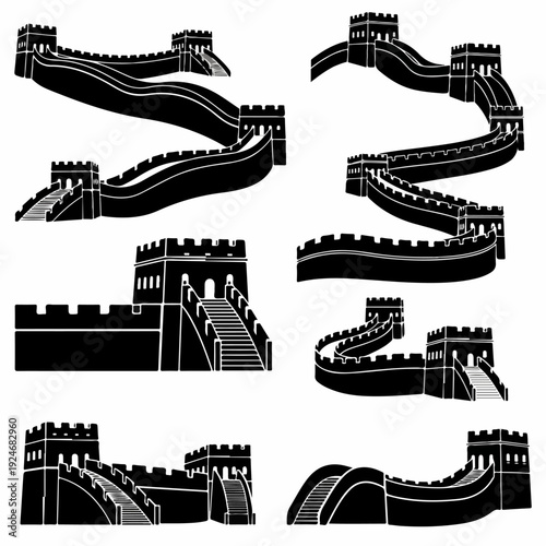 Great Wall of China silhouette set vector illustration