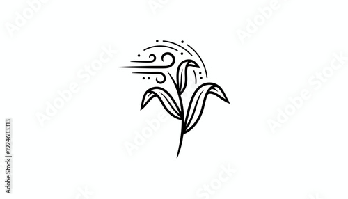 Minimalist illustration of a plant bending in the wind, with swirling lines representing air movement.