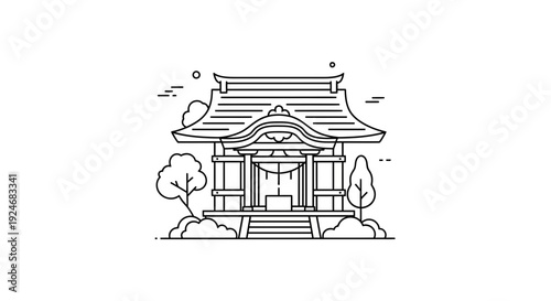 Minimalist Japanese Shrine Icon: Traditional Architecture, Outline Art, Cultural Symbol