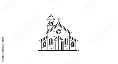 Minimalist Line Art Church Building with Bell Tower and Cross