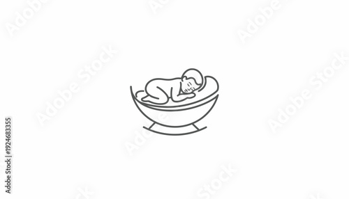 Minimalist Line Art Baby Sleeping in Cradle, Newborn Rest, Peaceful Sleep Icon