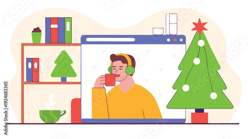 A man wearing green headphones drinks from a red mug during a video call displayed inside a browser window in a decorated room.