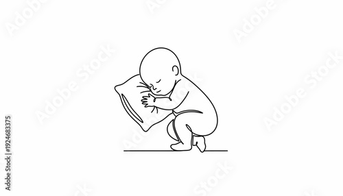 Minimalist Line Art: Baby Sleeping Peacefully Hugging Pillow
