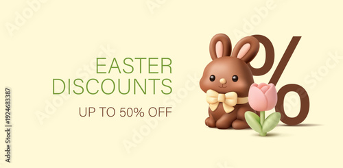 Easter discounts banner. 3D chocolate bunny, tulip, percentage. Special promotional offer. Spring banner. Vector illustration.