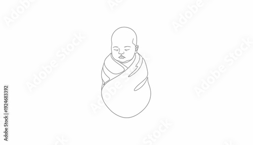 Minimalist Line Art Drawing of a Sleeping Newborn Baby Wrapped in Swaddle Blanket