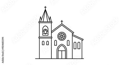 Minimalist Line Art Icon of a Church Building with Bell Tower and Rose Window