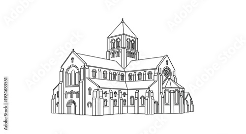 Line Art Drawing of a Grand Romanesque Church Facade with Tower and Arches