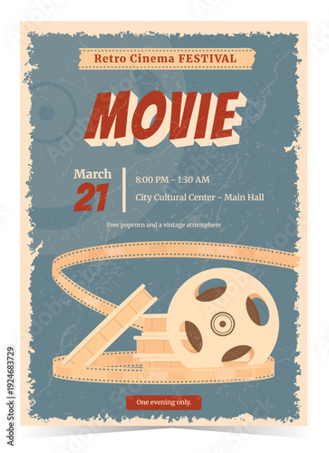 Cinema. Retro film festival poster featuring a vintage-style film reel. Modern, minimalist retro illustration. Vector illustration