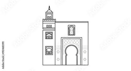 Islamic Architecture Mosque Building Facade with Arches and Minaret Outline