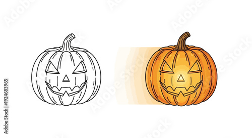 Jack O Lantern Pumpkin Outline and Colored Illustration for Halloween