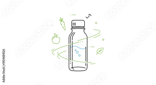 Healthy Drink Bottle with Fresh Ingredients and Swirls - Vector Illustration