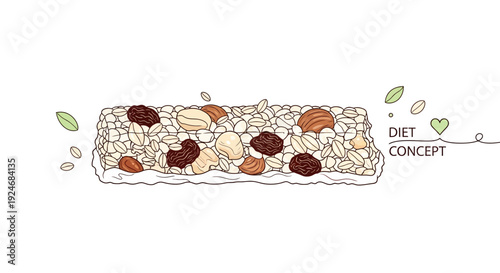 Healthy Granola Bar with Nuts and Raisins, Diet Food Concept, Hand-Drawn Style