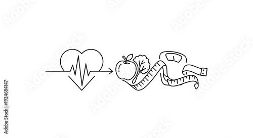Healthy Lifestyle Concept: Heartbeat, Apple, Scale, Measuring Tape Icons