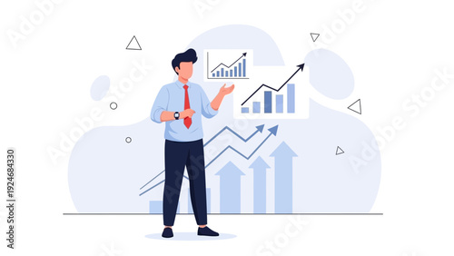 Business growth concept, man presenting financial chart with upward trend arrows