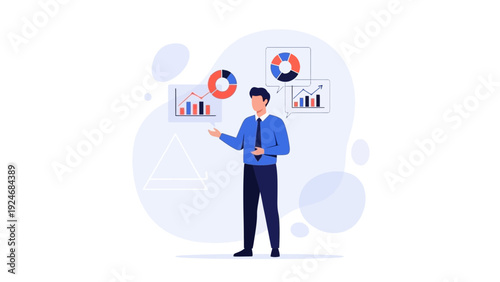 Business Man Analyzing Financial Charts and Graphs, Data Visualization Concept