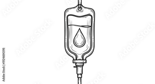 Hand Drawn Sketch of IV Drip Bag with Droplet, Medical Infusion Concept