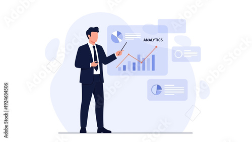 Business man presenting analytics chart graph, data visualization, financial report concept