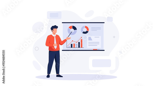 Business man presenting charts and graphs on a whiteboard, data analysis concept