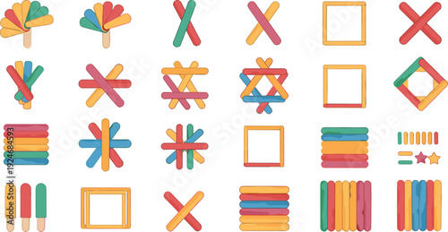 Colorful Popsicle Stick Shapes and Frames Collection with Creative Craft Elements for Kids DIY Projects and Educational Vector Design.