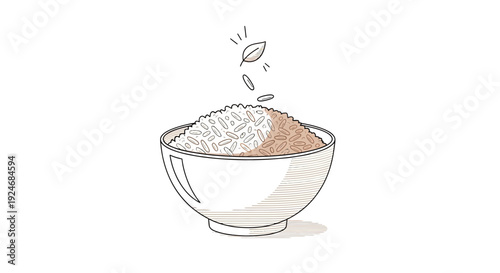 Hand-drawn illustration of a bowl of rice with a leaf falling into it, symbolizing healthy eating and natural ingredients.