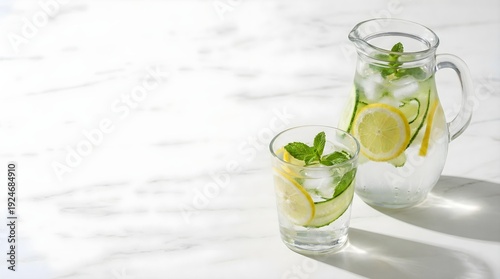 Detox water with lemon cucumber and mint on light background, copy space