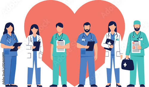 Medical Team of Doctors and Nurses Standing Together with Heart Shape Healthcare Support Flat Vector Illustration