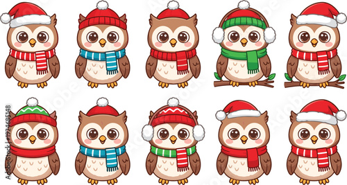 Cartoon owl illustration, winter clothing festive cheerful character design hats scarves earmuffs seasonal vector artwork, lifestyle and family theme, isolated background