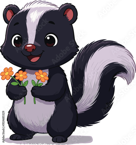 Cartoon skunk illustration, cute animal character holding flowers cheerful design playful vector artwork, lifestyle and education theme, isolated background