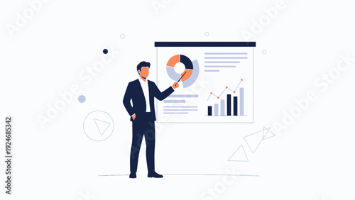 Business man presenting financial report with charts and graphs on screen