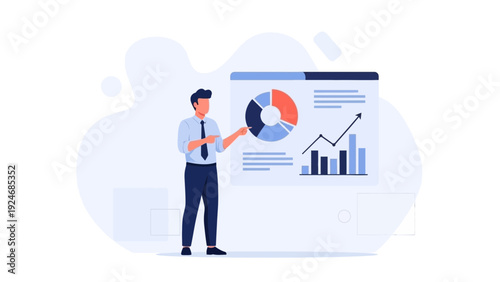 Business man presenting financial report on screen with charts and graphs