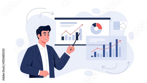 Business man presenting financial report with charts and graphs on screen