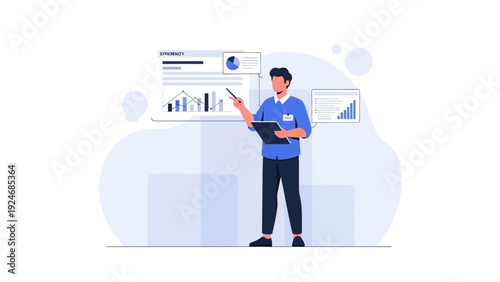 Business man presenting financial report with charts and graphs on whiteboard