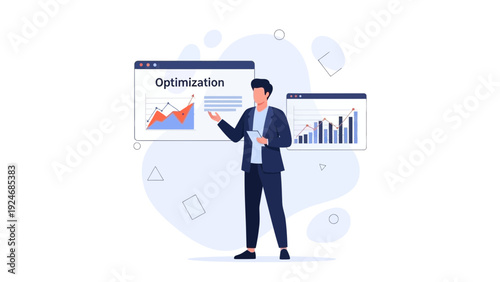 Business man presenting optimization strategy with charts and graphs