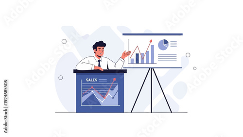 Business man presenting sales growth chart on whiteboard and desk