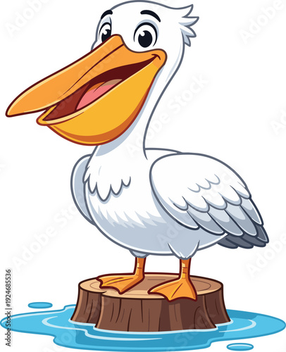 Pelican cartoon illustration, bird standing tree stump water cheerful character design, vector artwork, wildlife and education theme, isolated background