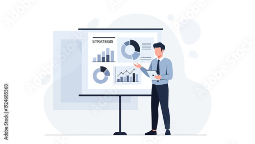 Business man presenting strategy with charts on whiteboard