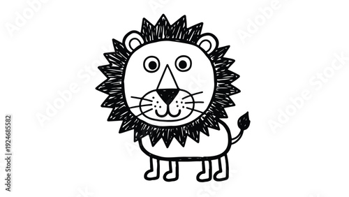A cute cartoon lion with a big mane stands on a plain white background in a simple black line drawing style